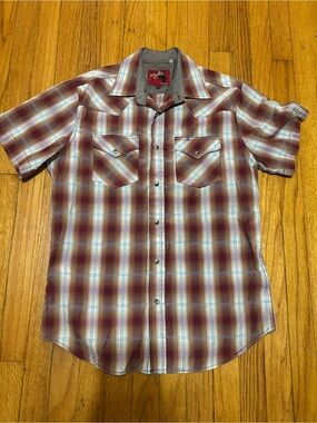 Rodeo Snap Shirt Short Sleeve Mens Medium Brown‎ Maroon Plaid Western Rodeo